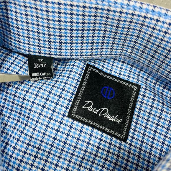 David Donahue Button Shirt Mens 17 36/37 Tall XL Blue Houndstooth Dress Check - Picture 3 of 7